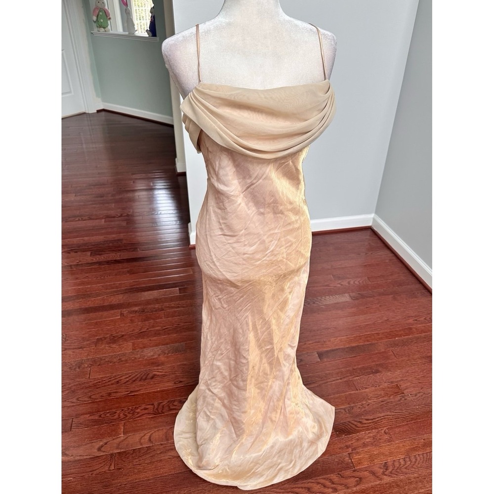 Vintage 2000s Dollar Metallic Gold Cowl Neck Simple Elegant Fairy Gown Dress XL - Picture 8 of 12
